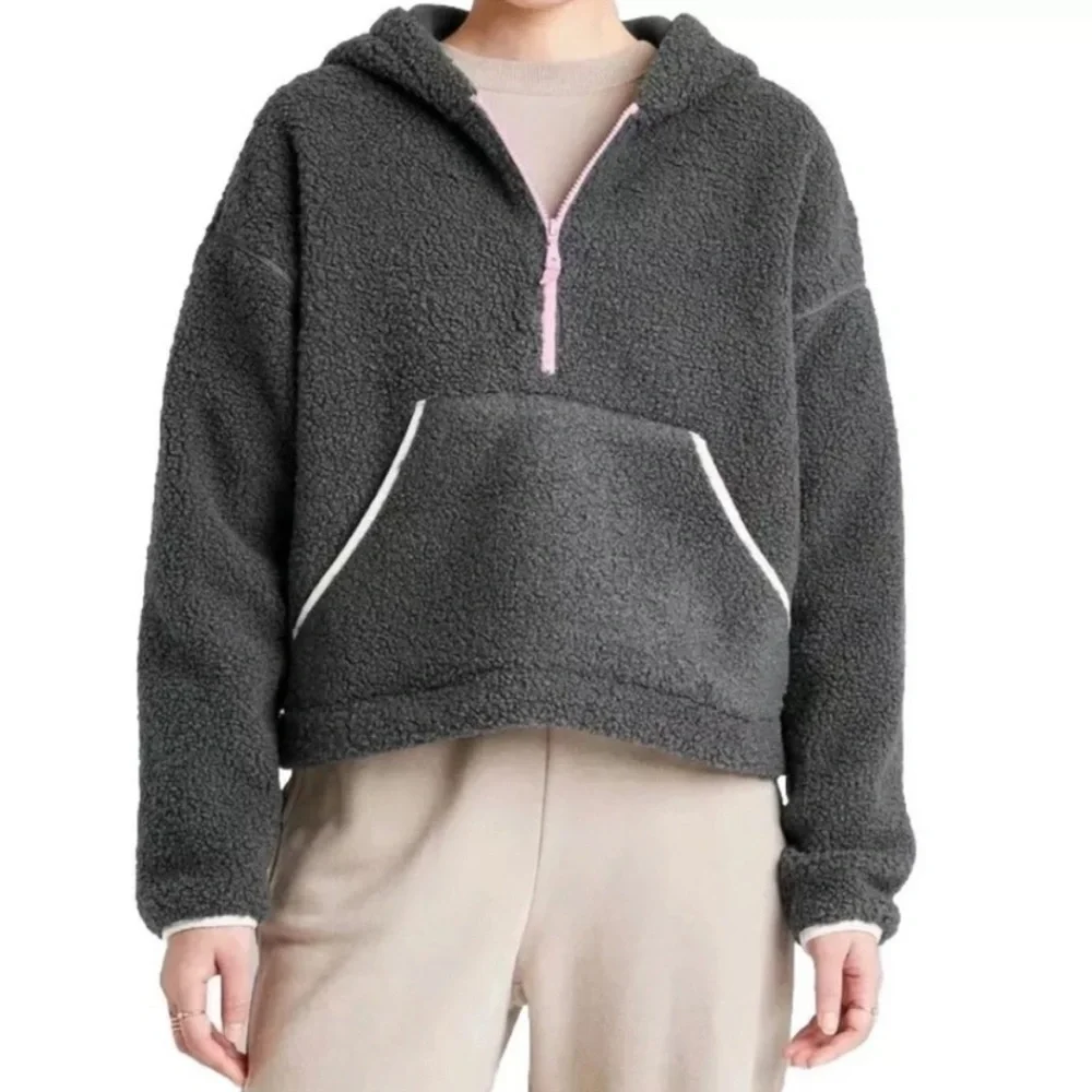 Wild Fable Women’s Sherpa Half Zip Cropped Hooded Sweatshirt - Picture 3 of 16
